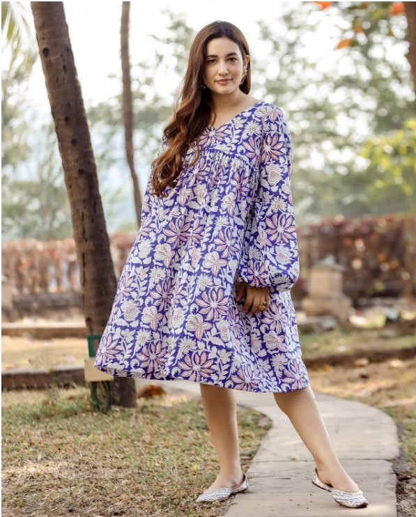 Indian women wearing blue handblock dress